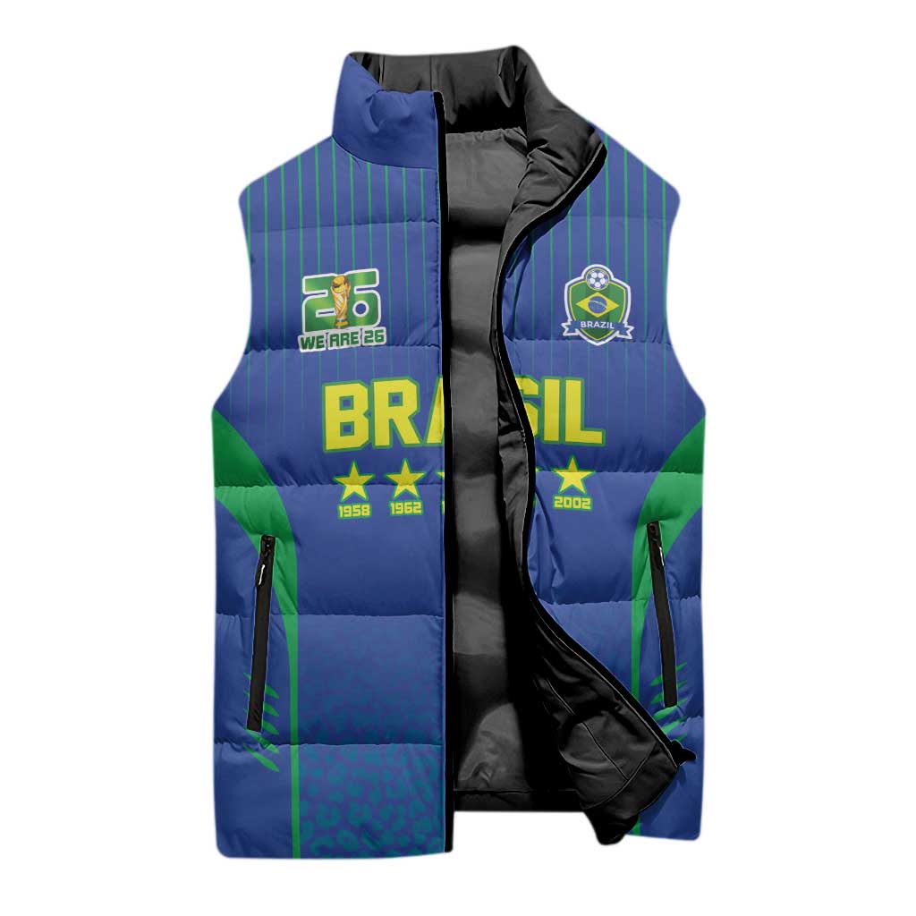 Custom Brazil World Football Legacy Sleeveless Puffer Jacket 5 Times History Champions Blue Version - Wonder Print Shop