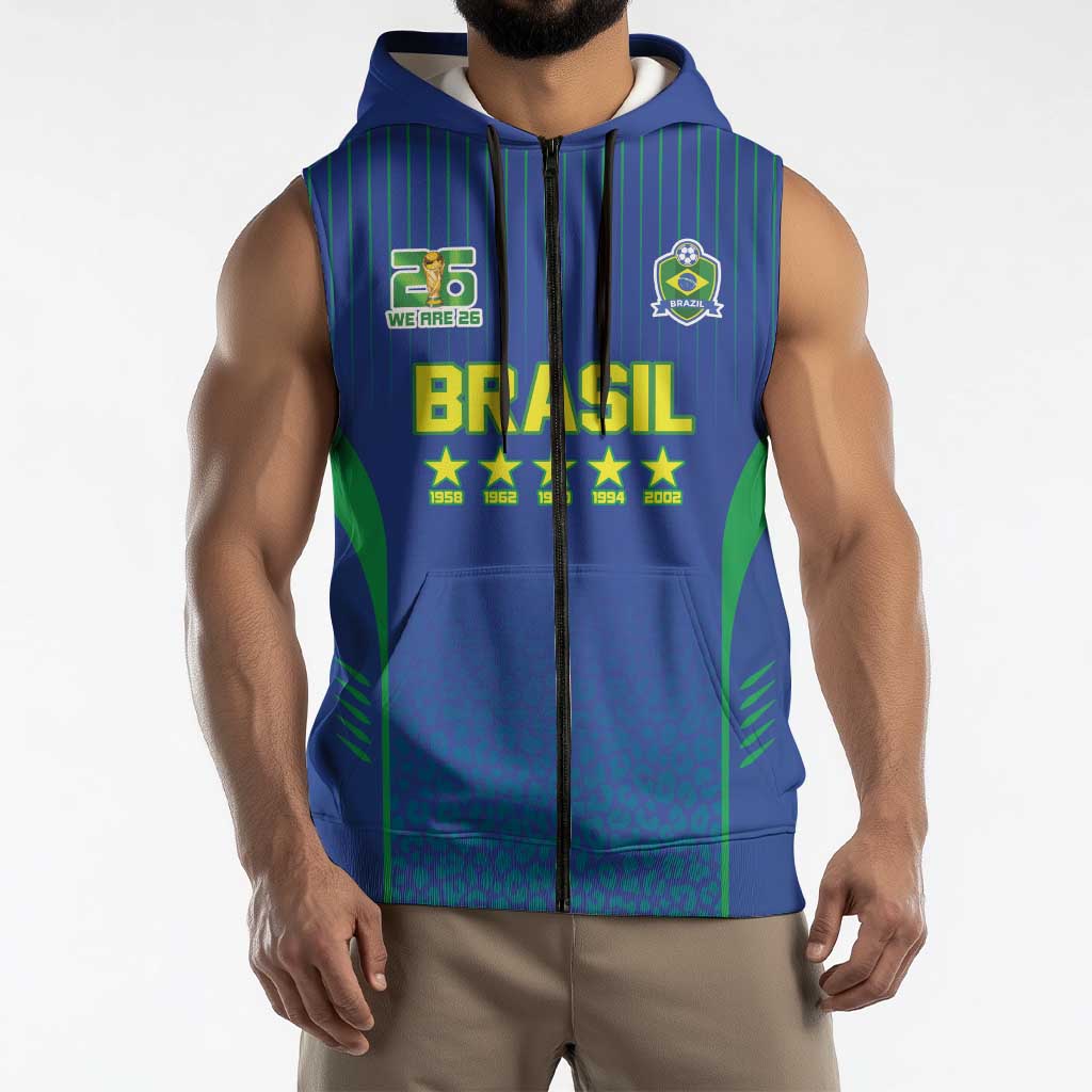 Custom Brazil World Football Legacy Sleeveless Zip Hoodie 5 Times History Champions Blue Version - Wonder Print Shop