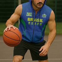 Custom Brazil World Football Legacy Sleeveless Zip Hoodie 5 Times History Champions Blue Version - Wonder Print Shop
