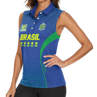 Custom Brazil World Football Legacy Women Sleeveless Polo Shirt 5 Times History Champions Blue Version - Wonder Print Shop