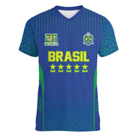 Custom Brazil World Football Legacy Women V-Neck T-Shirt 5 Times History Champions Blue Version - Wonder Print Shop