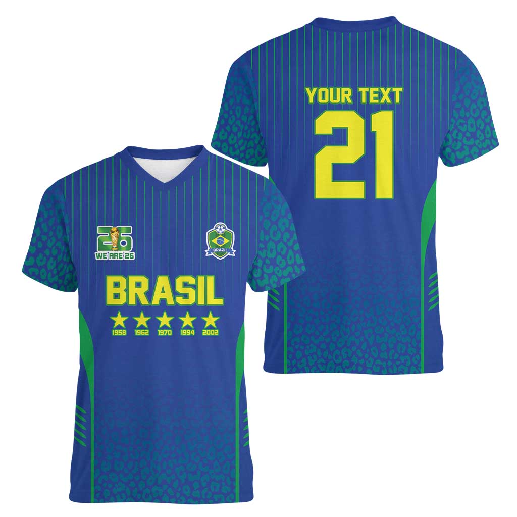 Custom Brazil World Football Legacy Women V-Neck T-Shirt 5 Times History Champions Blue Version - Wonder Print Shop