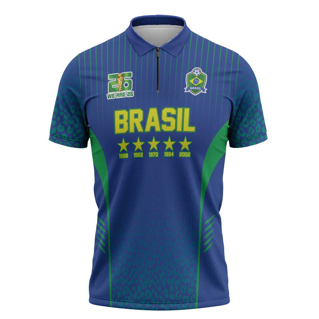 Custom Brazil World Football Legacy Zipper Polo Shirt 5 Times History Champions Blue Version - Wonder Print Shop
