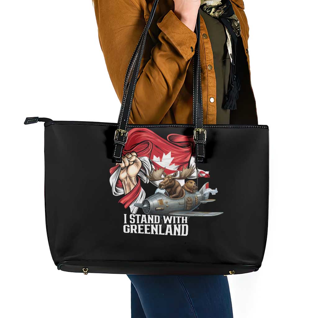 I Stand With Greenland Leather Tote Bag Canadian Greenland Flag