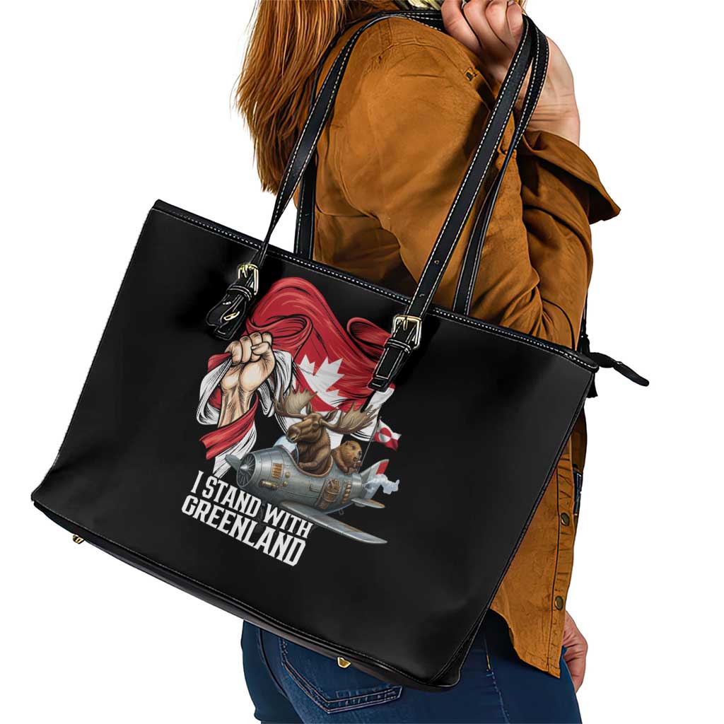 I Stand With Greenland Leather Tote Bag Canadian Greenland Flag
