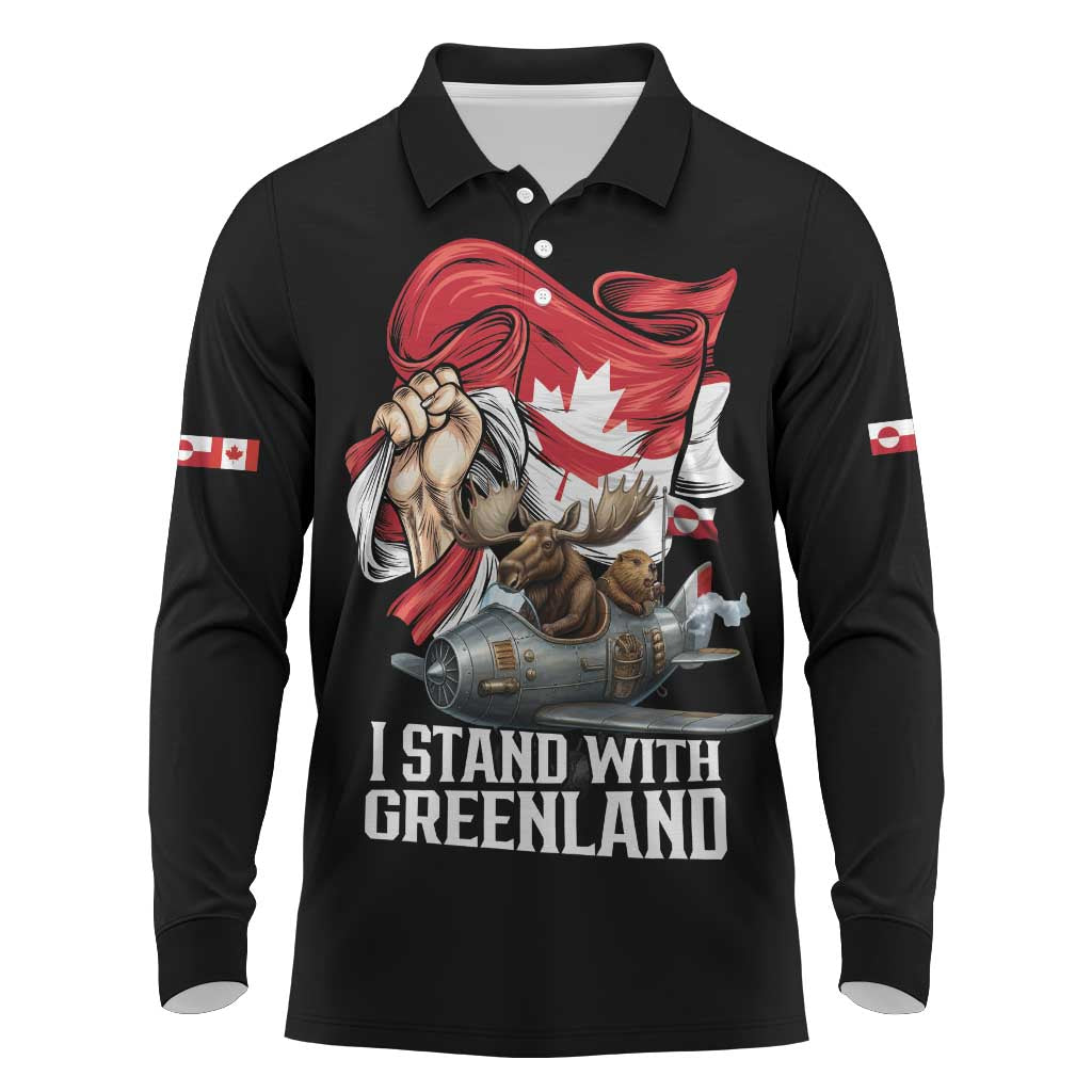 I Stand With Greenland Long Sleeve Polo Shirt Canadian Greenland Flag