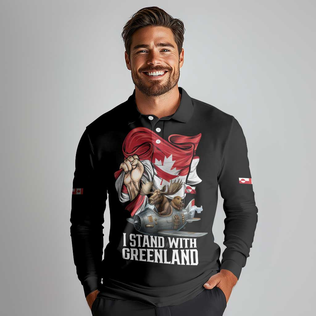 I Stand With Greenland Long Sleeve Polo Shirt Canadian Greenland Flag
