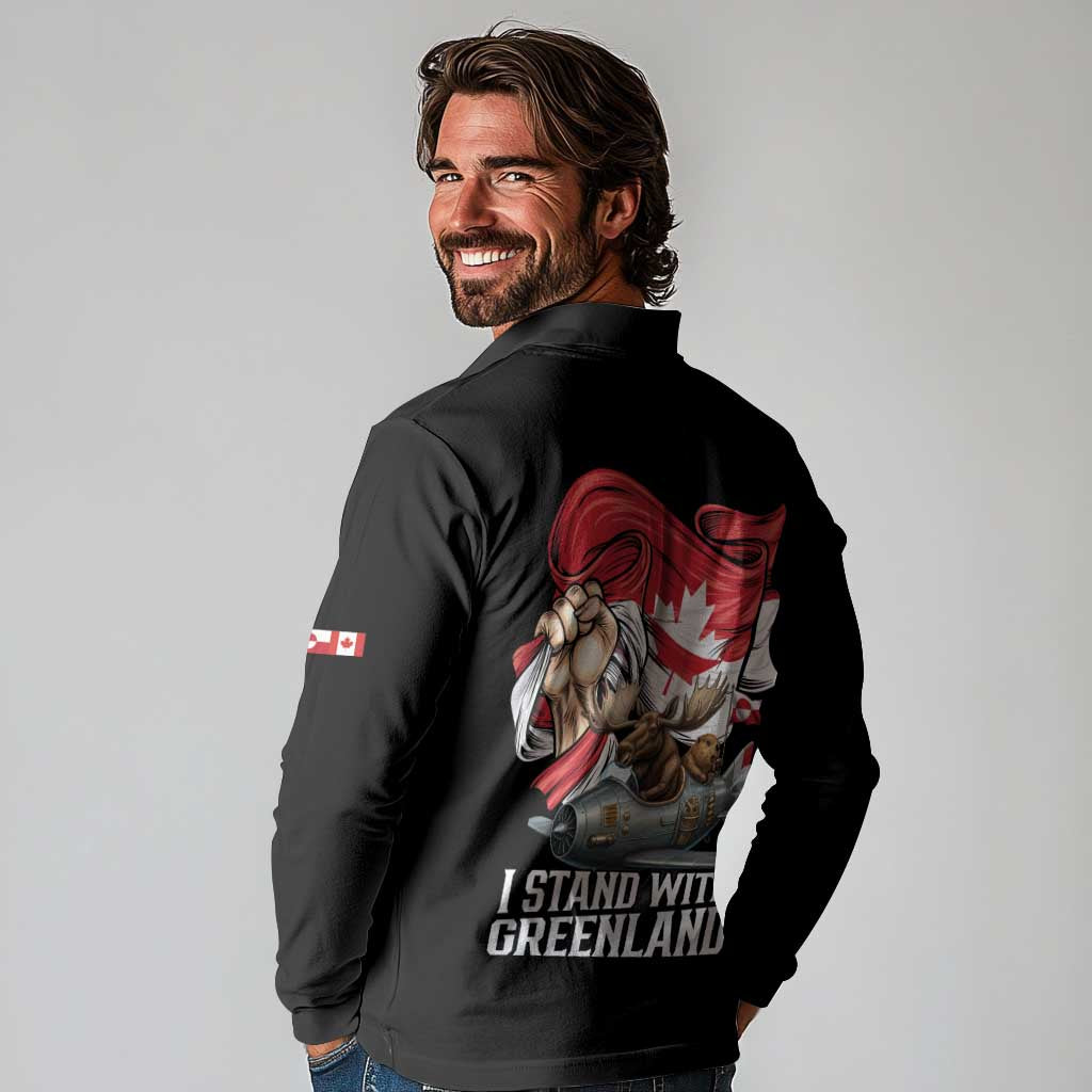 I Stand With Greenland Long Sleeve Polo Shirt Canadian Greenland Flag