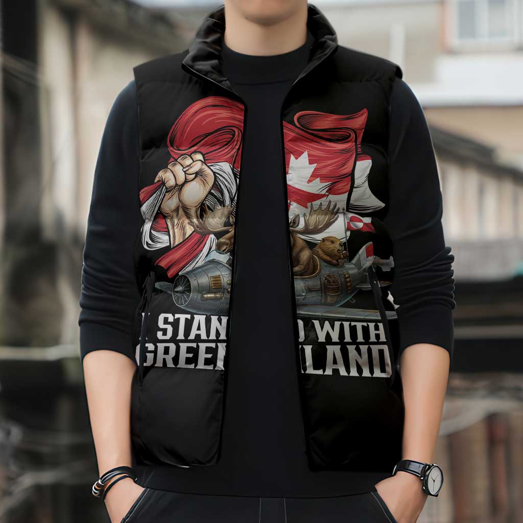 I Stand With Greenland Sleeveless Puffer Jacket Canadian Greenland Flag