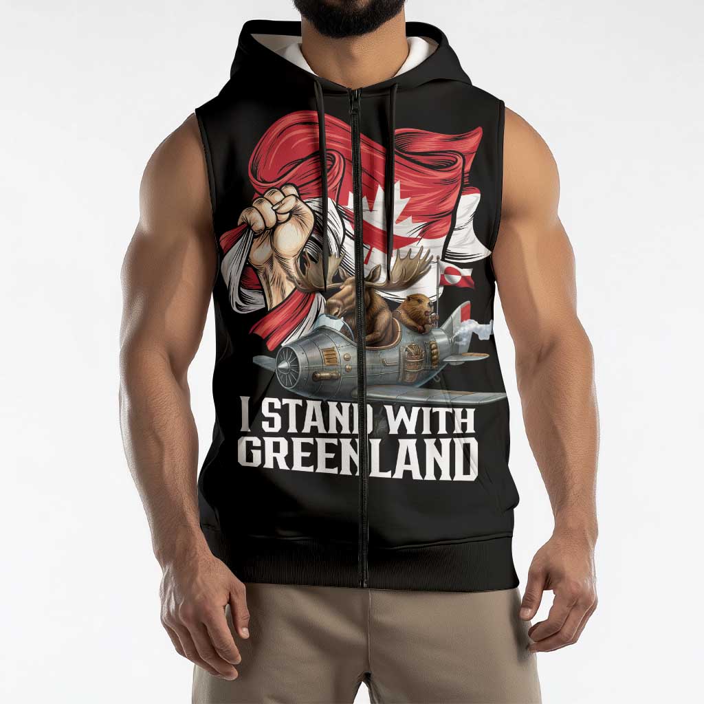 I Stand With Greenland Sleeveless Zip Hoodie Canadian Greenland Flag
