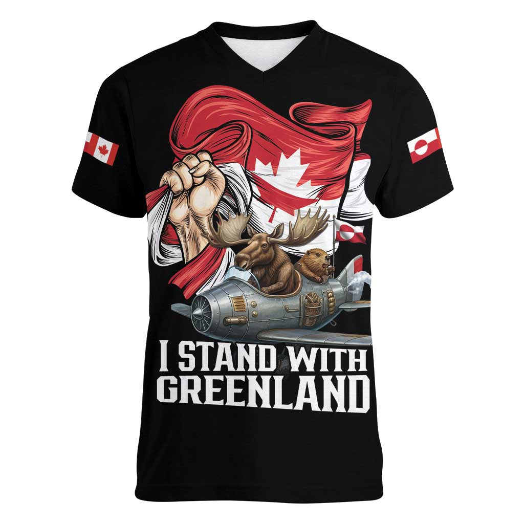 I Stand With Greenland Women V-Neck T-Shirt Canadian Greenland Flag