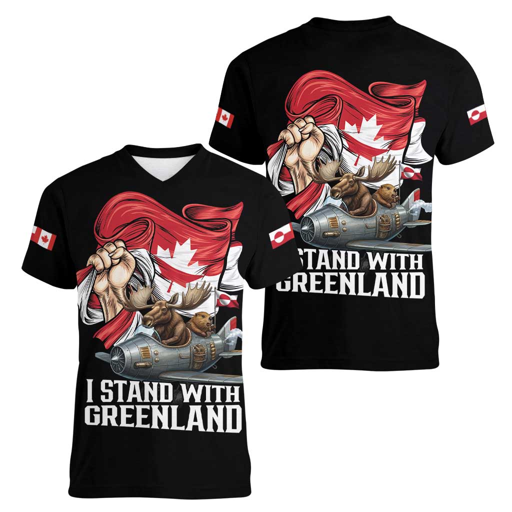 I Stand With Greenland Women V-Neck T-Shirt Canadian Greenland Flag