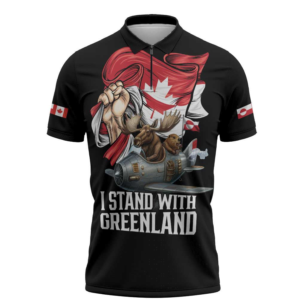 I Stand With Greenland Zipper Polo Shirt Canadian Greenland Flag