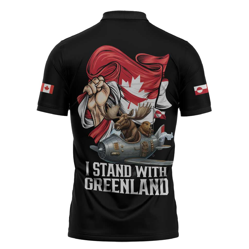 I Stand With Greenland Zipper Polo Shirt Canadian Greenland Flag