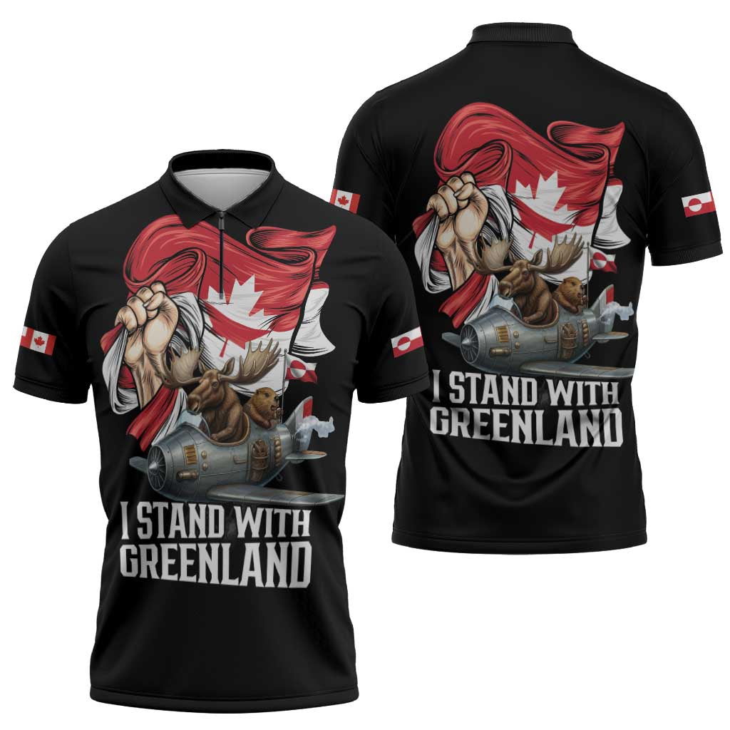 I Stand With Greenland Zipper Polo Shirt Canadian Greenland Flag