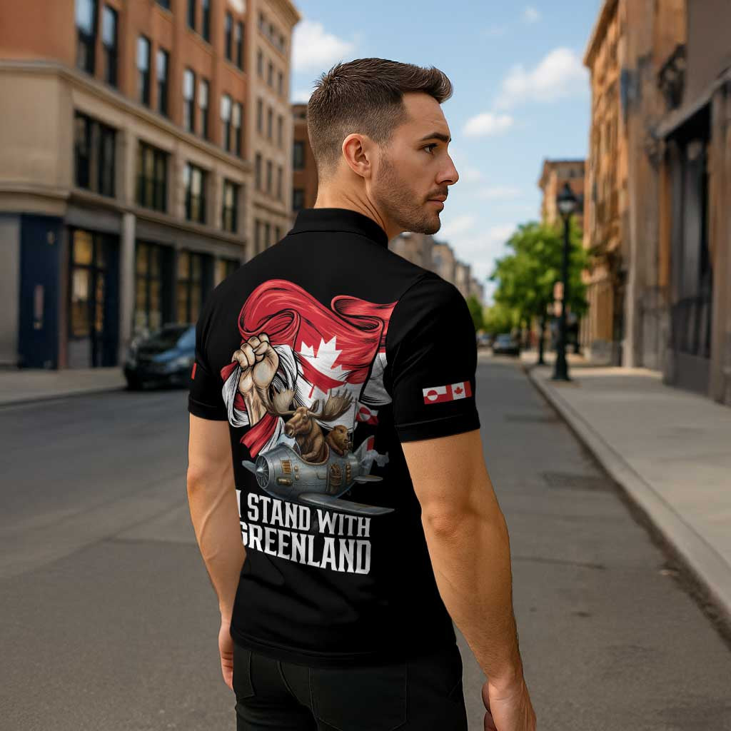 I Stand With Greenland Zipper Polo Shirt Canadian Greenland Flag