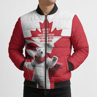 I Stand With Greenland Bomber Puffer Jacket Red and White Side by Side