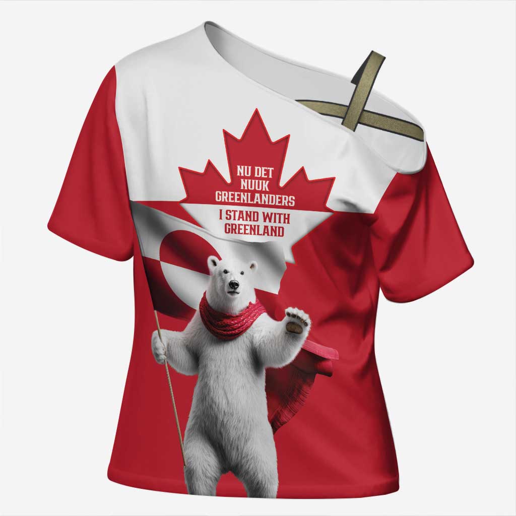 I Stand With Greenland Cross Shoulder Shirt Red and White Side by Side