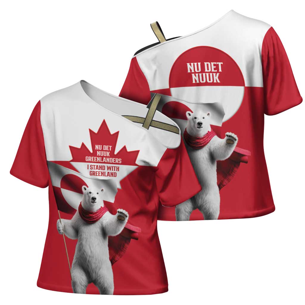 I Stand With Greenland Cross Shoulder Shirt Red and White Side by Side