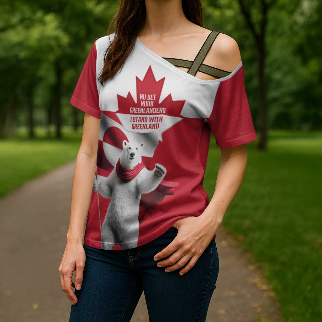 I Stand With Greenland Cross Shoulder Shirt Red and White Side by Side