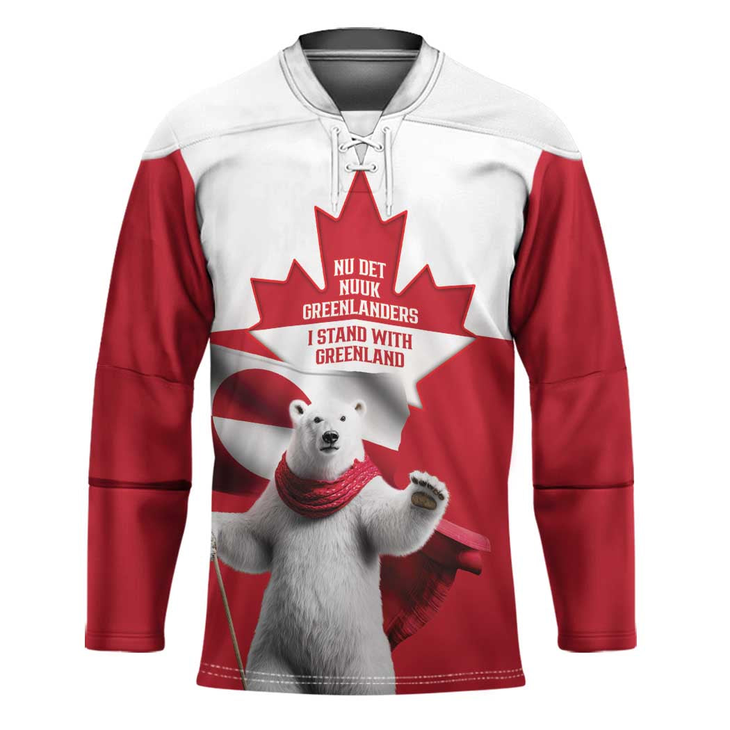 I Stand With Greenland Hockey Jersey Red and White Side by Side