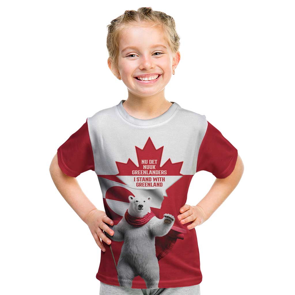 I Stand With Greenland Kid T Shirt Red and White Side by Side