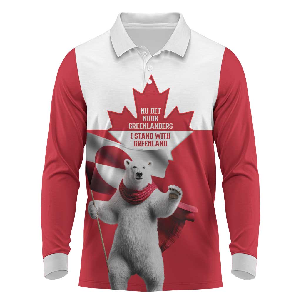 I Stand With Greenland Long Sleeve Polo Shirt Red and White Side by Side