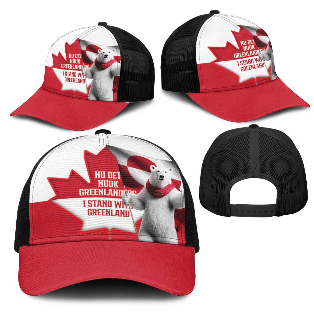 I Stand With Greenland Mesh Trucker Cap Red and White Side by Side
