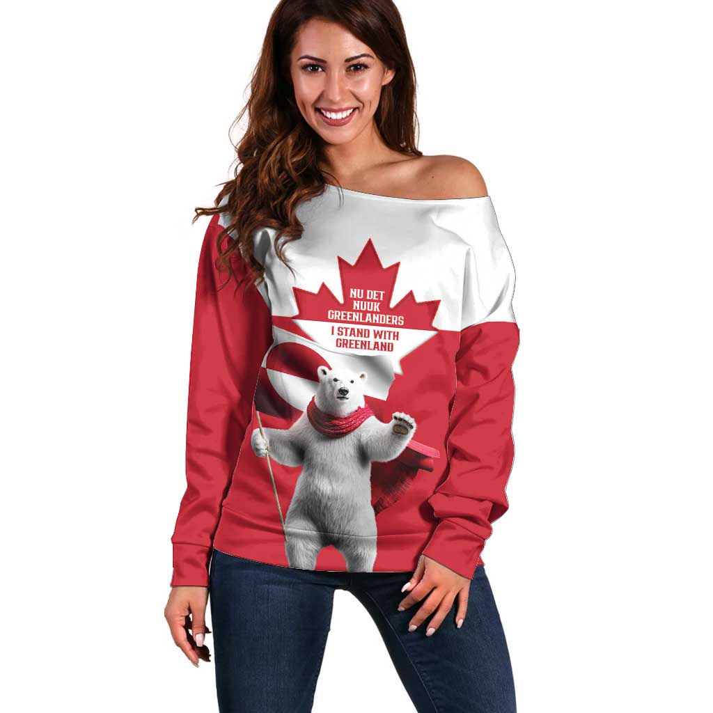 I Stand With Greenland Off Shoulder Sweater Red and White Side by Side