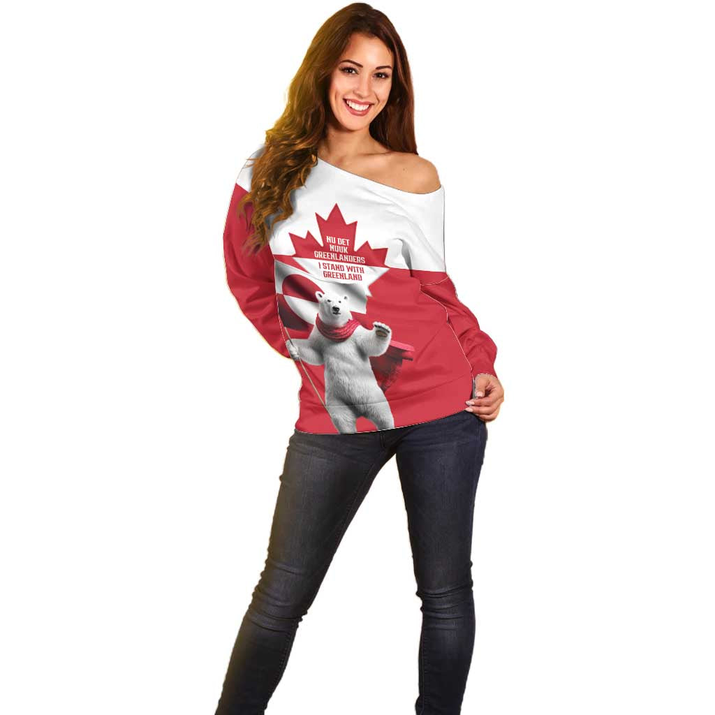 I Stand With Greenland Off Shoulder Sweater Red and White Side by Side