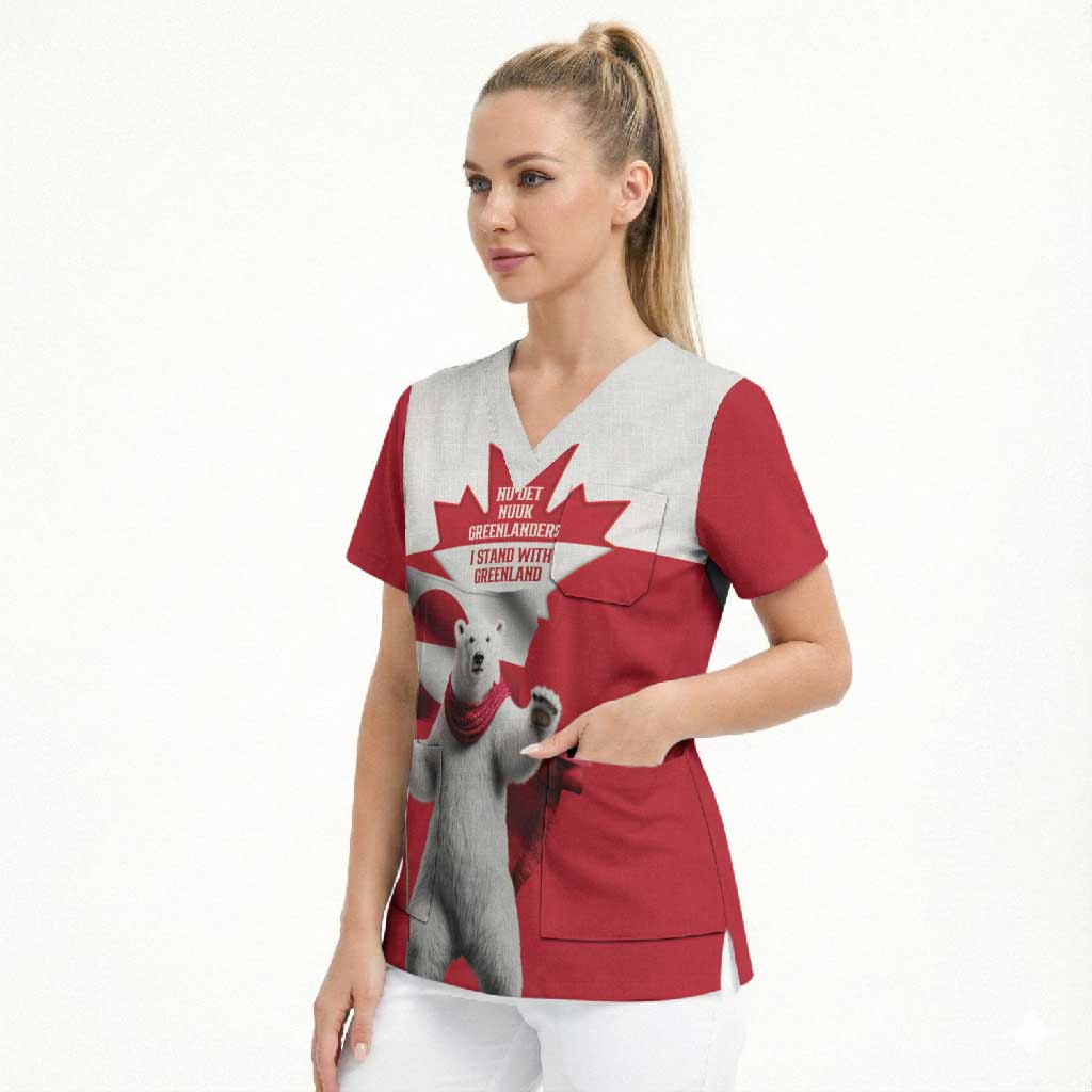 I Stand With Greenland Scrub Top Red and White Side by Side