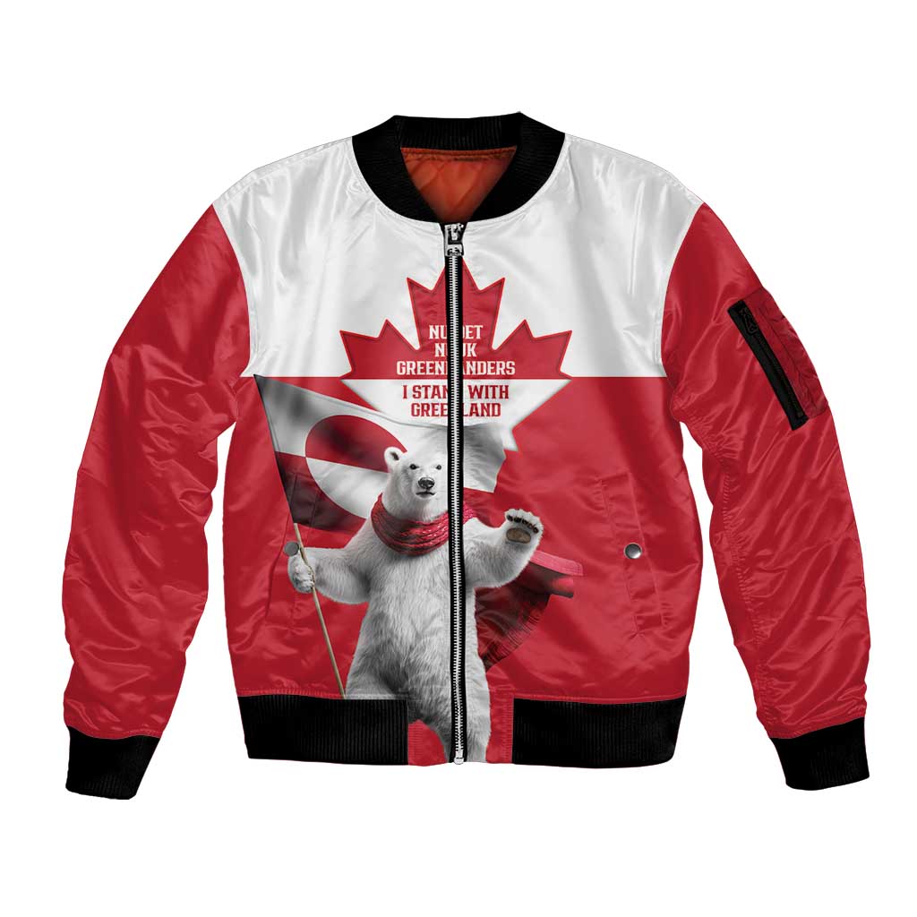 I Stand With Greenland Sleeve Zip Bomber Jacket Red and White Side by Side