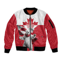 I Stand With Greenland Sleeve Zip Bomber Jacket Red and White Side by Side
