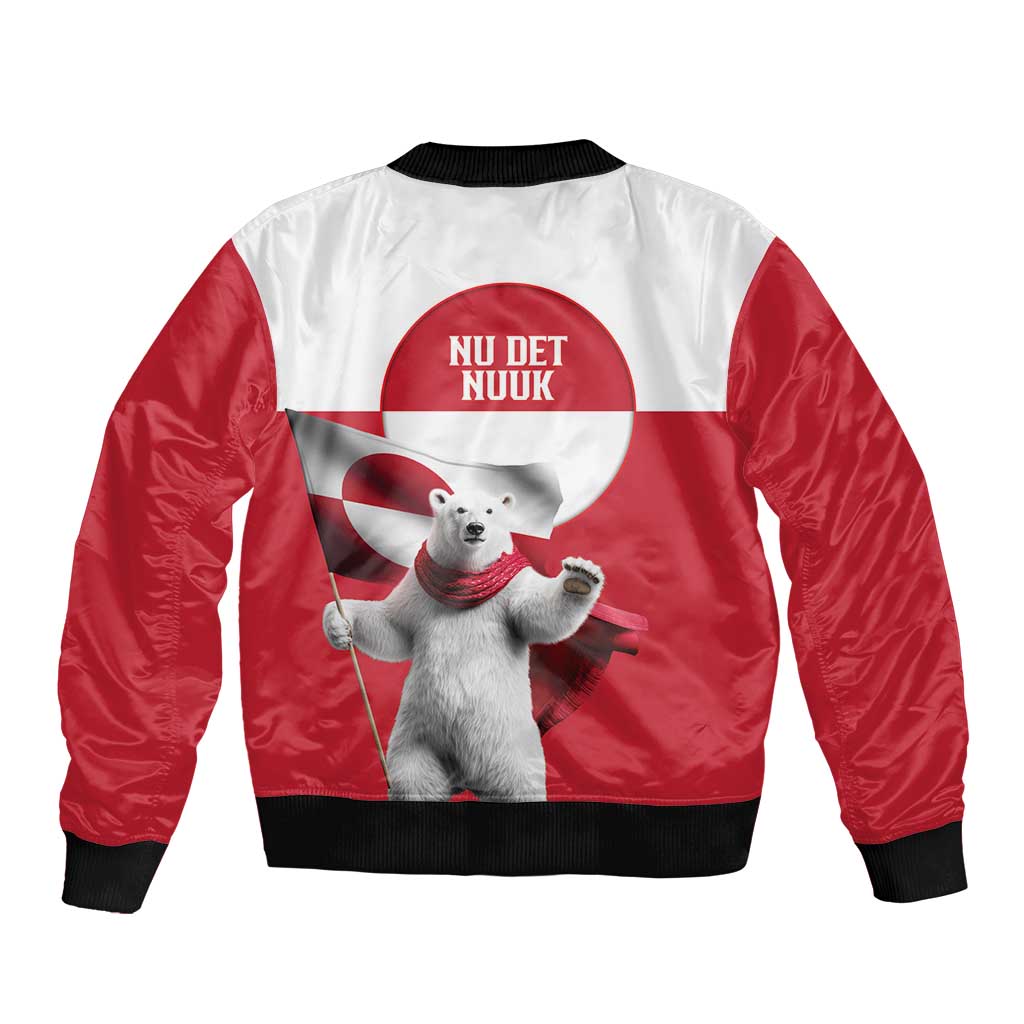 I Stand With Greenland Sleeve Zip Bomber Jacket Red and White Side by Side
