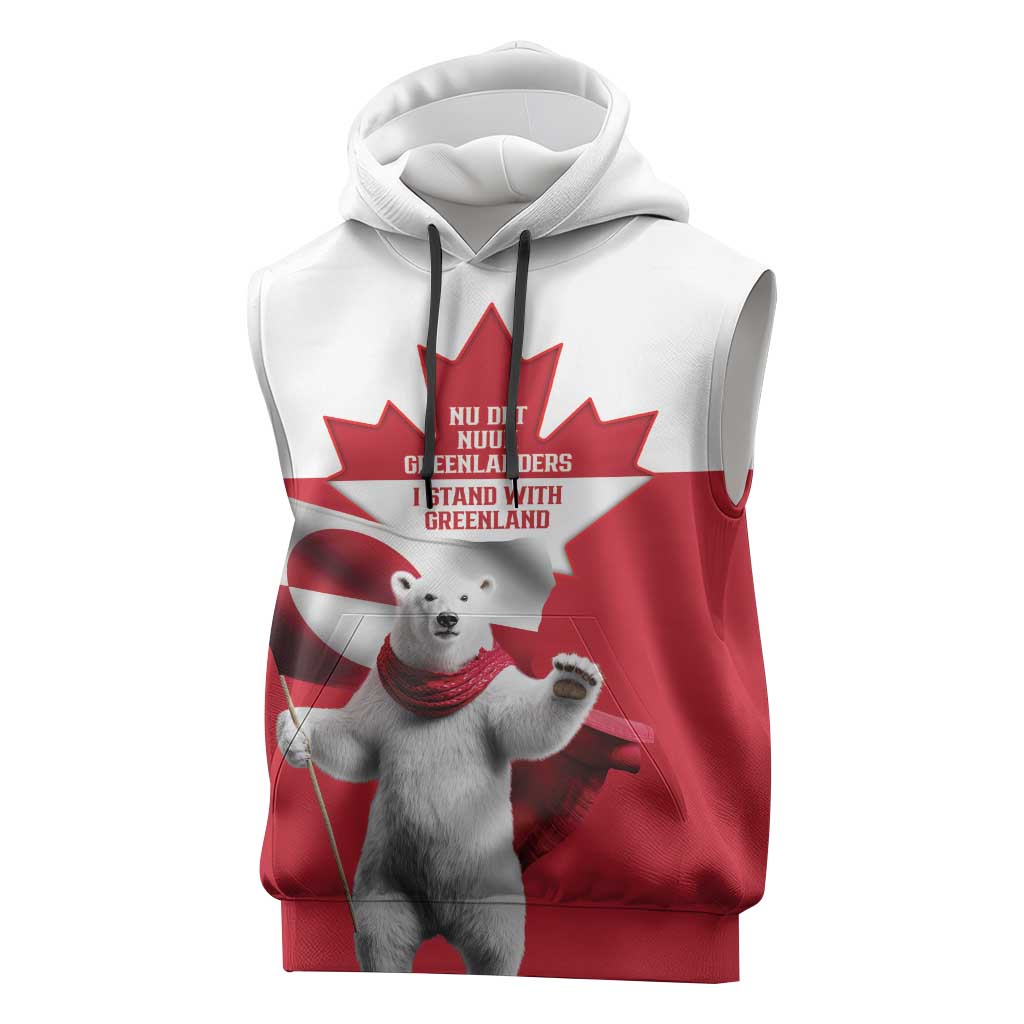 I Stand With Greenland Sleeveless Hoodie Red and White Side by Side