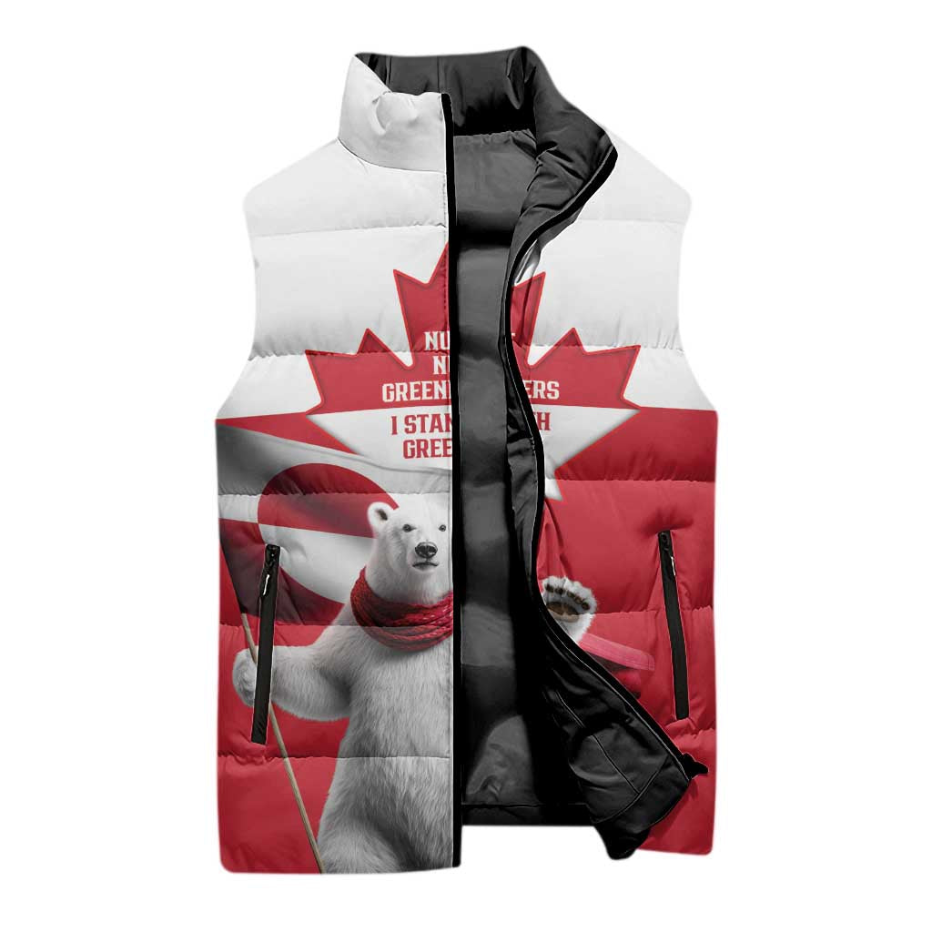 I Stand With Greenland Sleeveless Puffer Jacket Red and White Side by Side