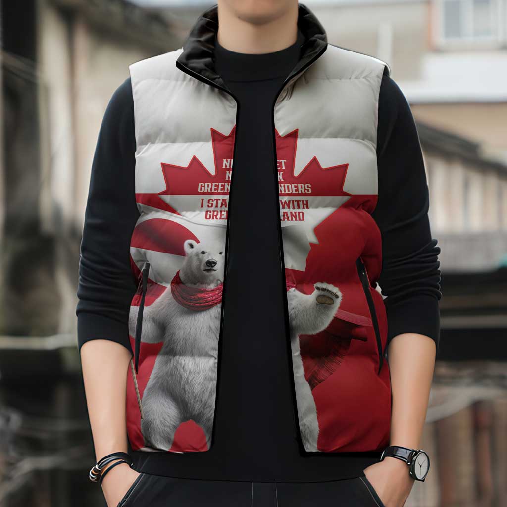 I Stand With Greenland Sleeveless Puffer Jacket Red and White Side by Side