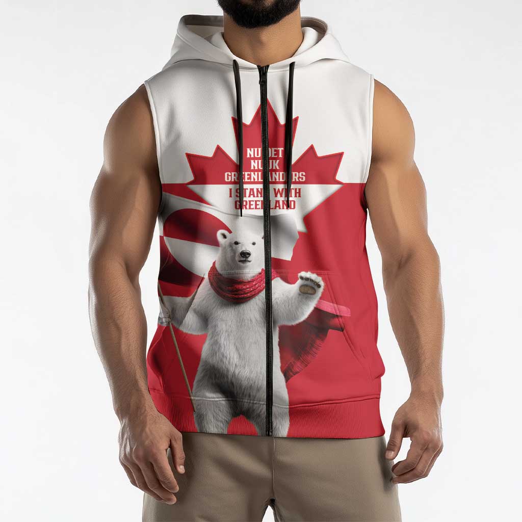 I Stand With Greenland Sleeveless Zip Hoodie Red and White Side by Side