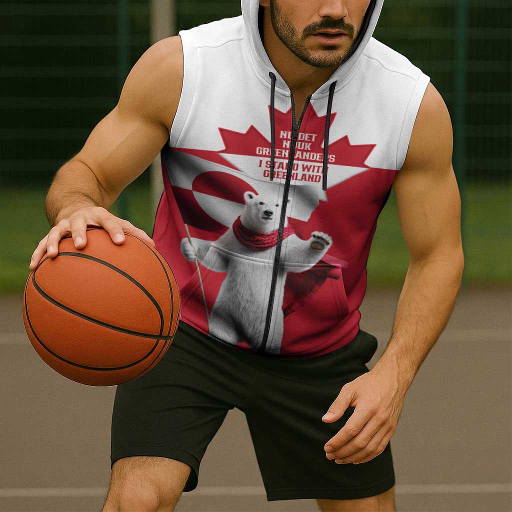 I Stand With Greenland Sleeveless Zip Hoodie Red and White Side by Side