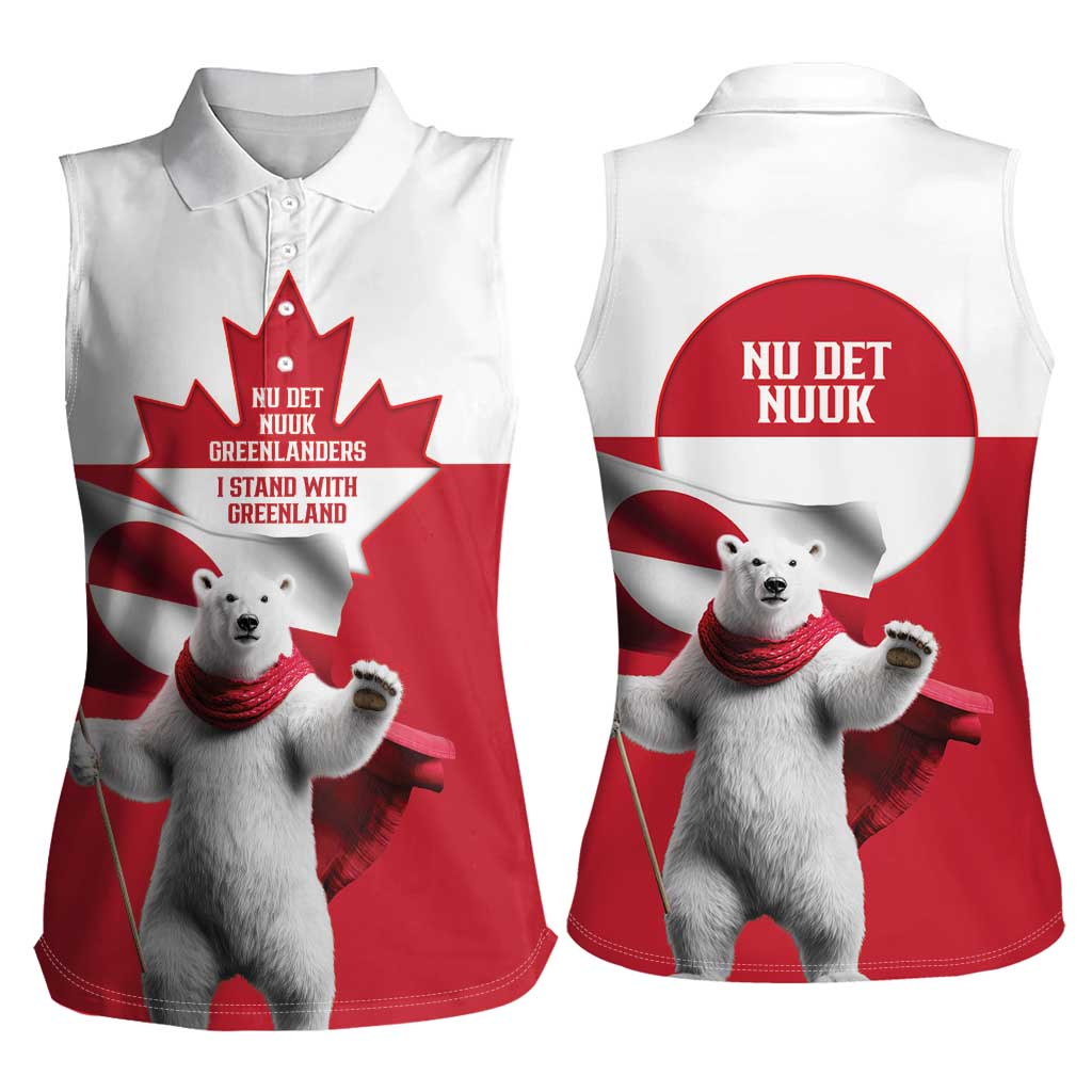 I Stand With Greenland Women Sleeveless Polo Shirt Red and White Side by Side