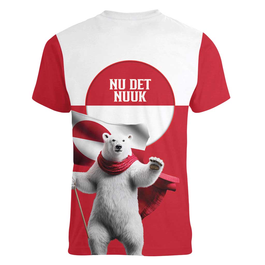I Stand With Greenland Women V-Neck T-Shirt Red and White Side by Side