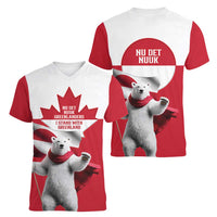 I Stand With Greenland Women V-Neck T-Shirt Red and White Side by Side