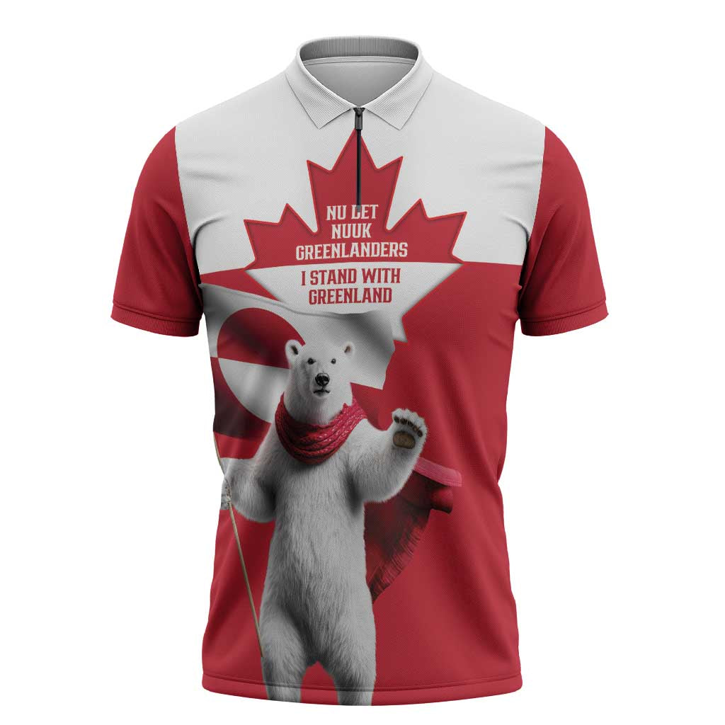 I Stand With Greenland Zipper Polo Shirt Red and White Side by Side