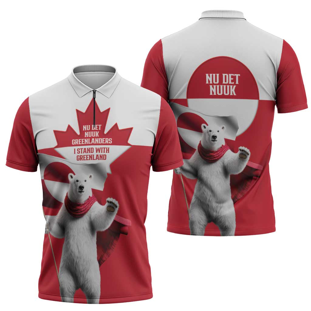 I Stand With Greenland Zipper Polo Shirt Red and White Side by Side