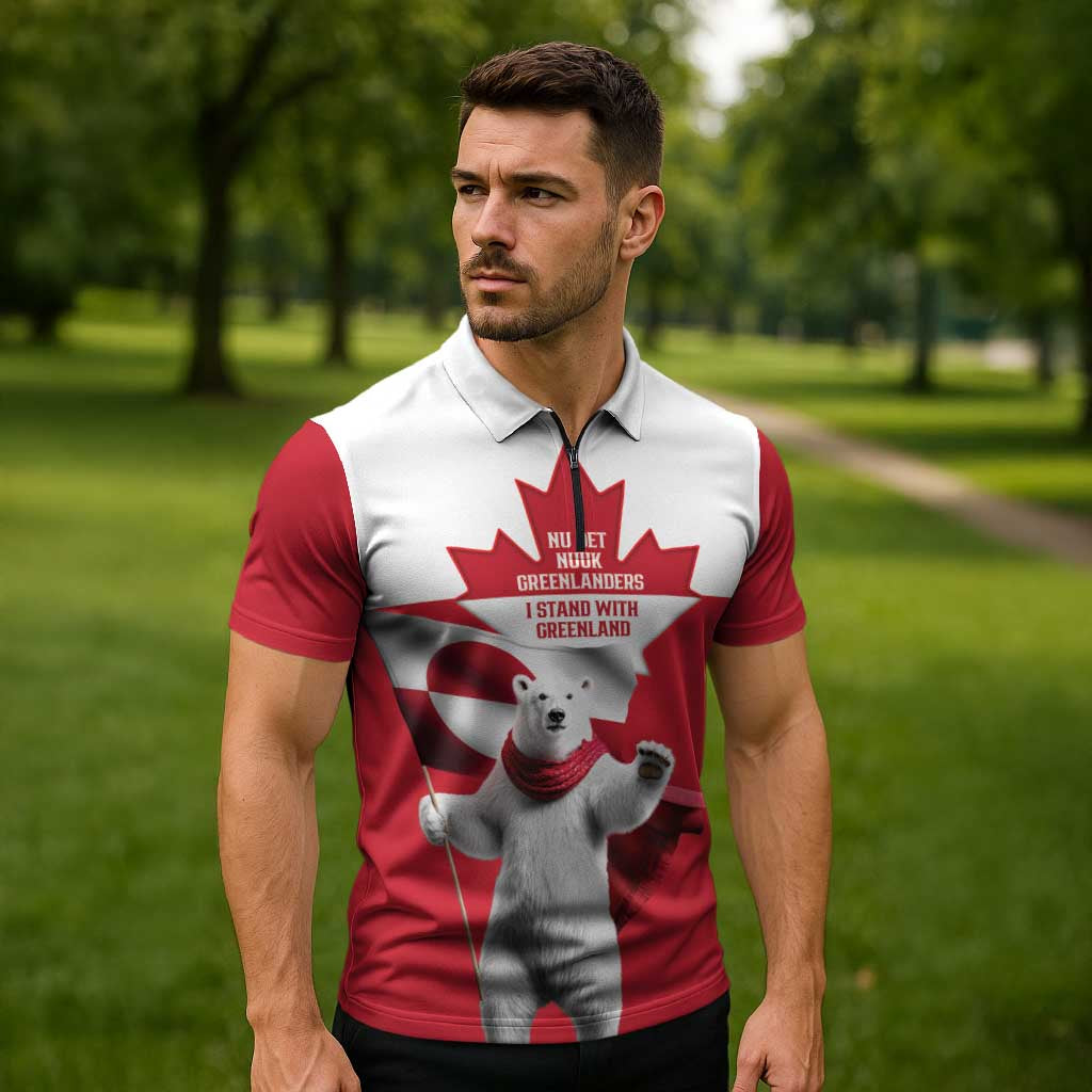 I Stand With Greenland Zipper Polo Shirt Red and White Side by Side