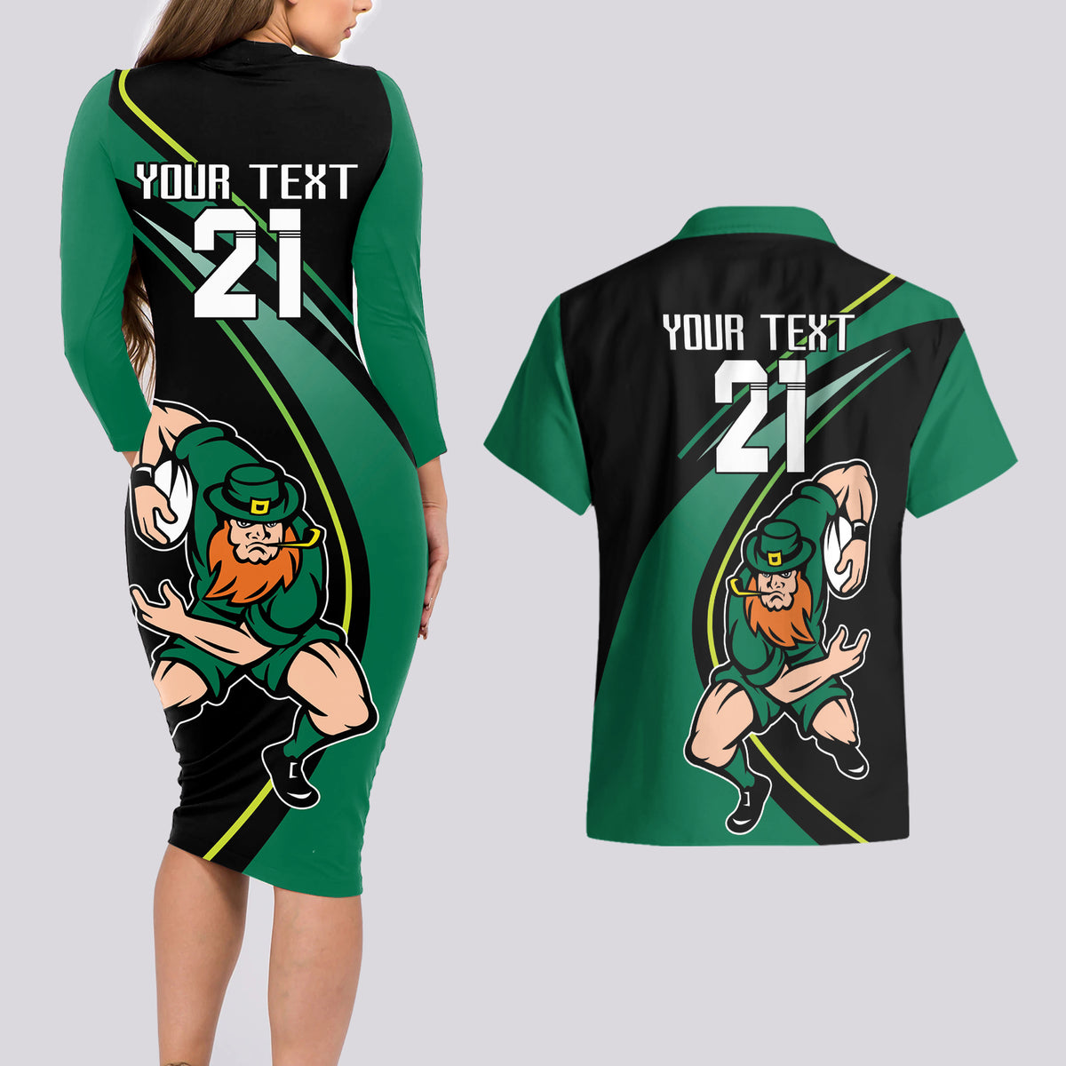 Custom Ireland Rugby Couples Matching Long Sleeve Bodycon Dress and Hawaiian Shirt Irish Shamrocks Warriors Sporty Style LT9 - Wonder Print Shop