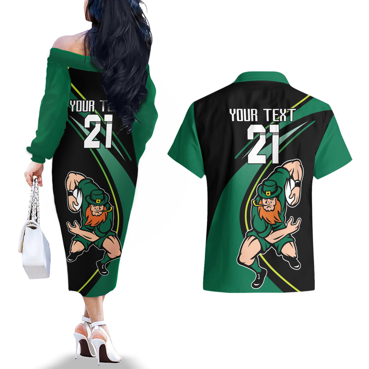 Custom Ireland Rugby Couples Matching Off The Shoulder Long Sleeve Dress and Hawaiian Shirt Irish Shamrocks Warriors Sporty Style LT9 - Wonder Print Shop