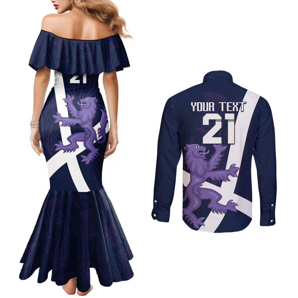 Custom Scotland Rugby Couples Matching Mermaid Dress and Long Sleeve Button Shirt Scottish Lion and Thistle