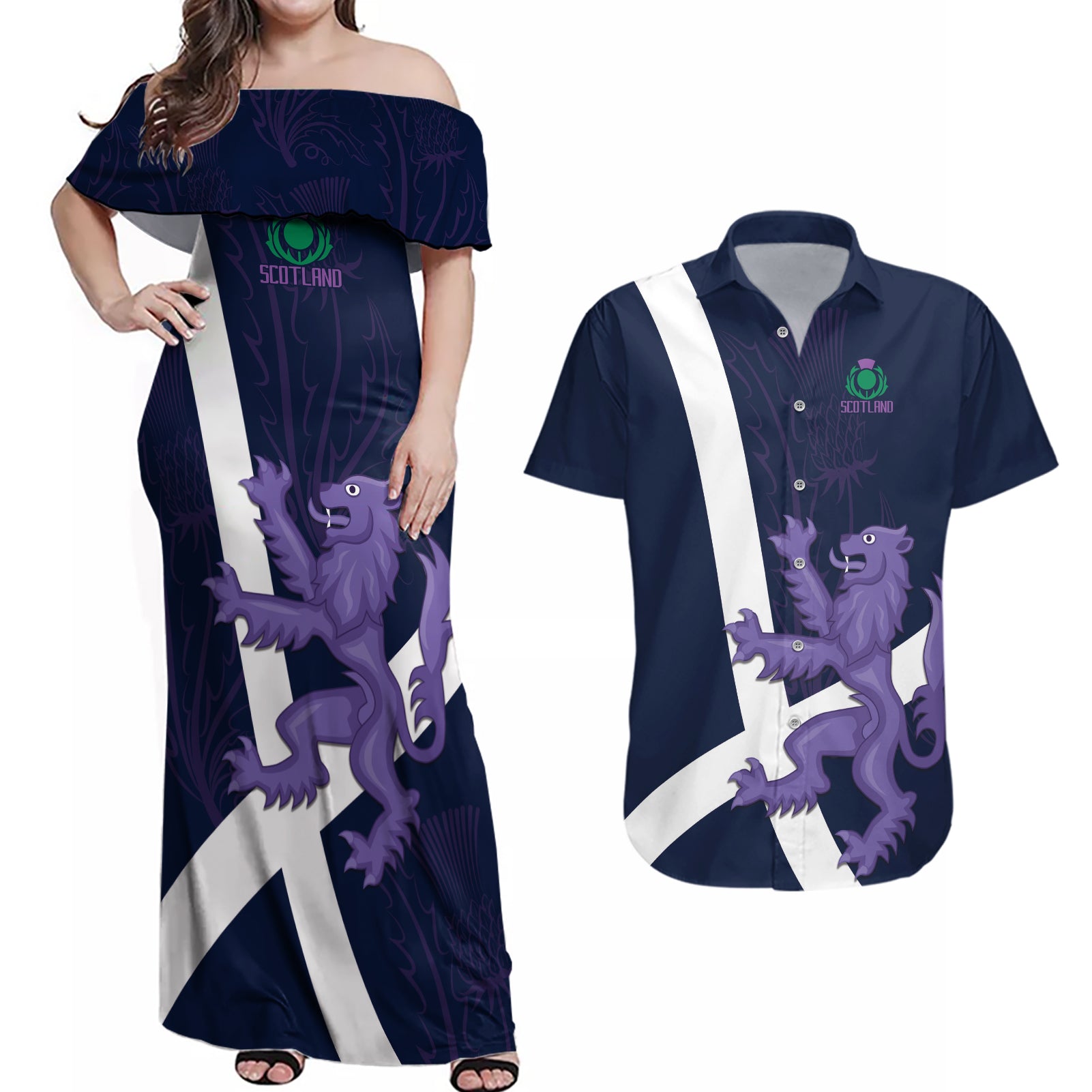 Custom Scotland Rugby Couples Matching Off Shoulder Maxi Dress and Hawaiian Shirt Scottish Lion and Thistle LT9 - Wonder Print Shop
