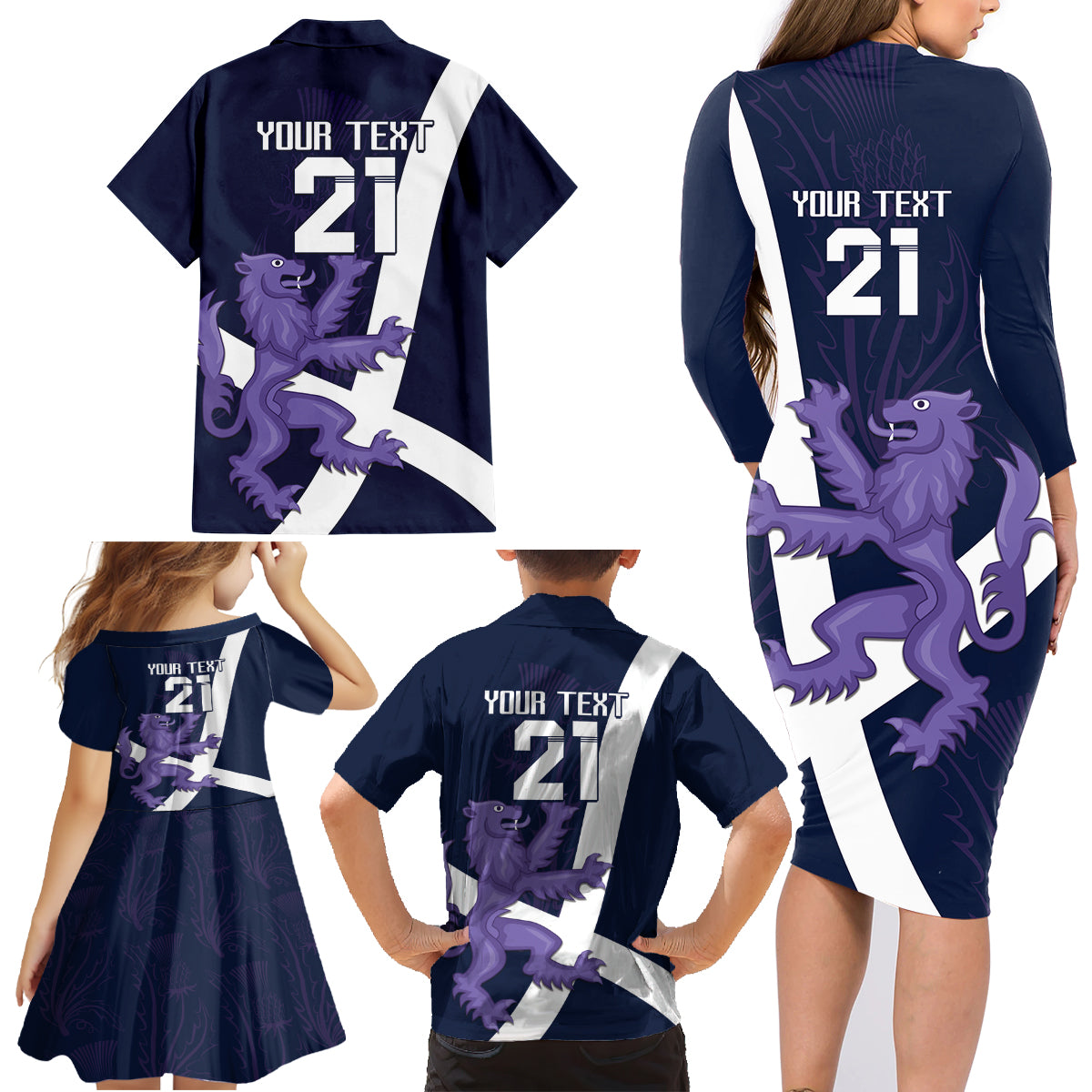 Custom Scotland Rugby Family Matching Long Sleeve Bodycon Dress and Hawaiian Shirt Scottish Lion and Thistle LT9 - Wonder Print Shop